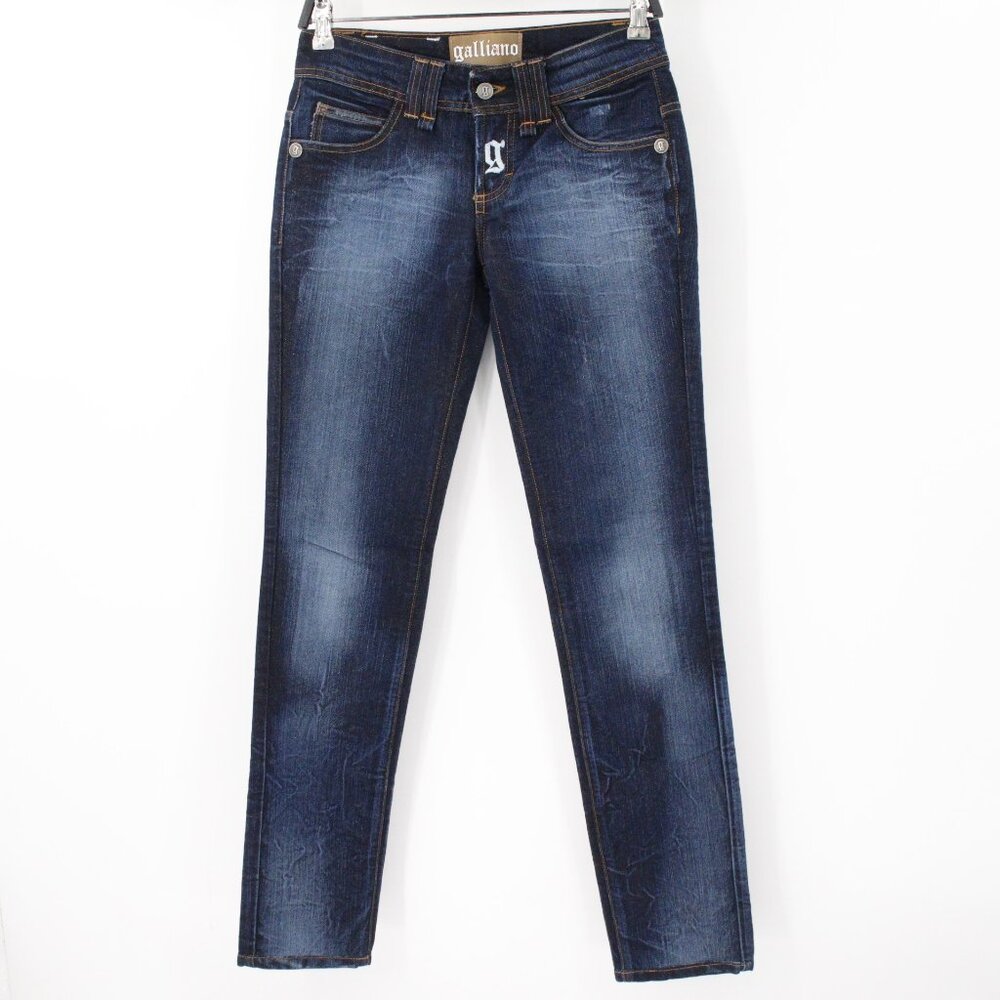 GALLIANO Jeans Womens 38 30x32 Skinny Low Rise Blue Denim Made in Italy metallic